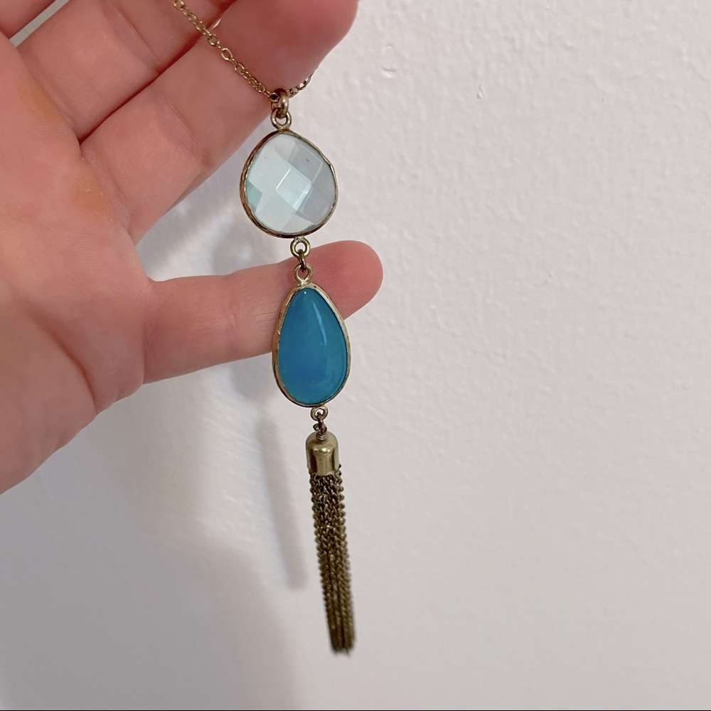 Long gold necklace with blue stones & tassel
